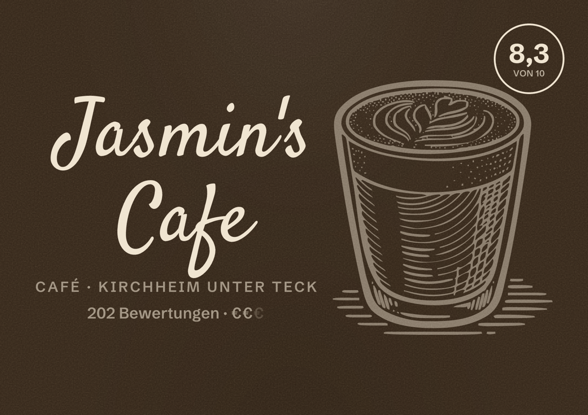 Illustriertes Poster von Jasmin's Cafe, Café in Kirchheim unter Teck: Bewertung 8,3 von 10 aus 202 Bewertungen, Preisniveau €€