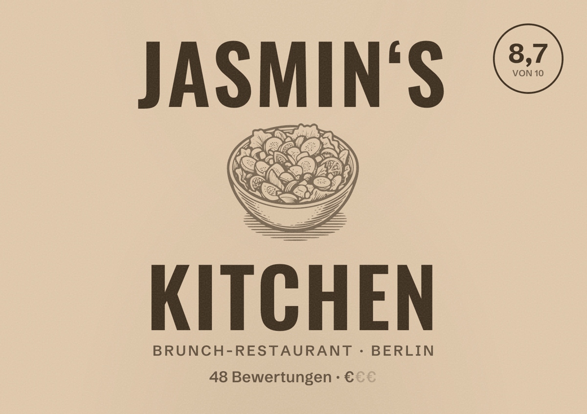 Illustriertes Poster von Jasmin‘s Kitchen, Brunch-Restaurant in Berlin: Bewertung 8,7 von 10 aus 48 Bewertungen, Preisniveau €