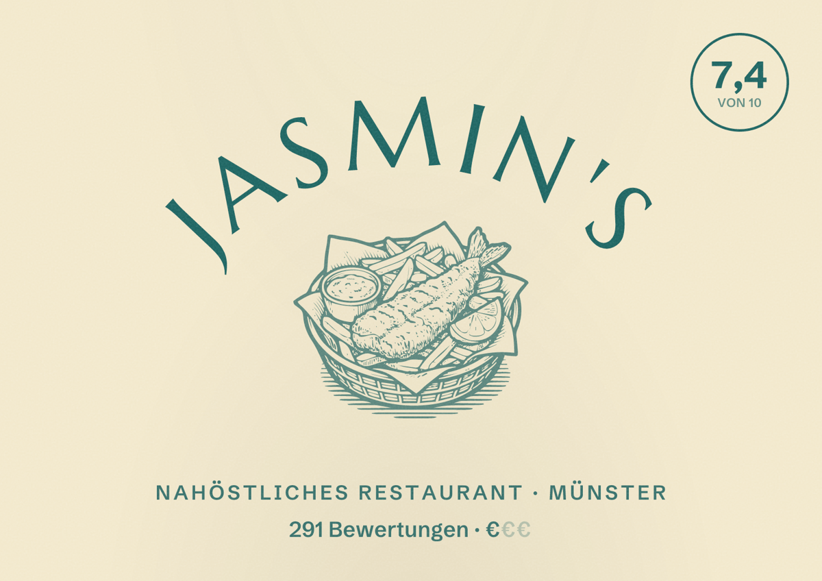 Illustriertes Poster von Jasmin's, Nahöstliches Restaurant in Münster: Bewertung 7,4 von 10 aus 291 Bewertungen, Preisniveau €