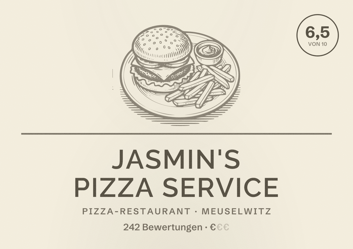 Illustriertes Poster von Jasmin's Pizza Service, Pizza-Restaurant in Meuselwitz: Bewertung 6,5 von 10 aus 242 Bewertungen, Preisniveau €