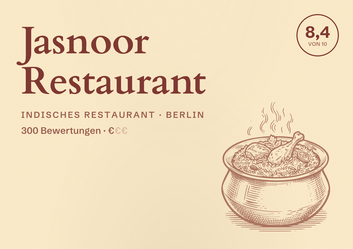 Illustriertes Poster von Jasnoor Restaurant, Indisches Restaurant in Berlin: Bewertung 8,4 von 10 aus 300 Bewertungen, Preisniveau €