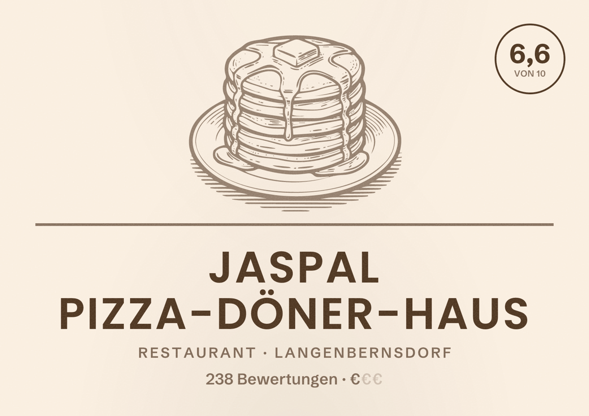 Illustriertes Poster von Jaspal Pizza-Döner-Haus, Restaurant in Langenbernsdorf: Bewertung 6,6 von 10 aus 238 Bewertungen, Preisniveau €
