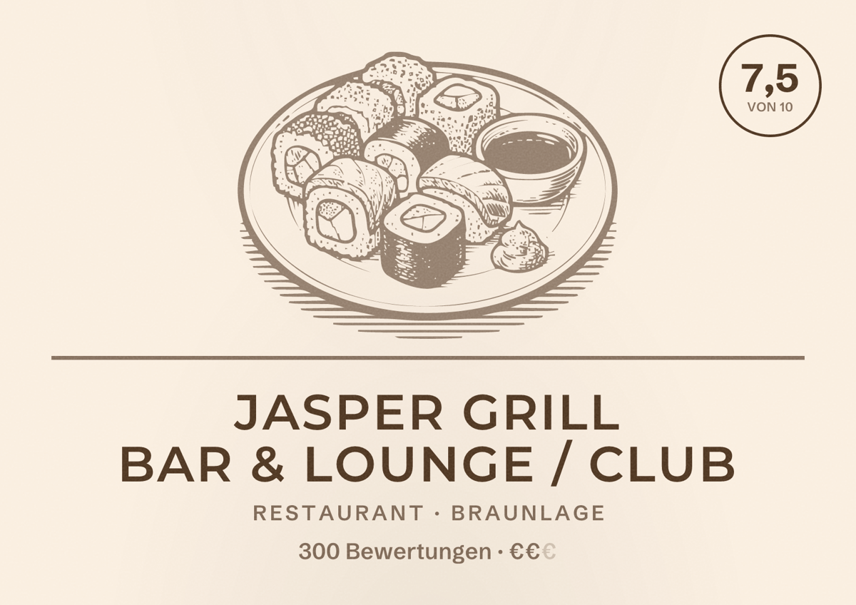 Illustriertes Poster von JASPER Grill Bar & Lounge / Club, Restaurant in Braunlage: Bewertung 7,5 von 10 aus 300 Bewertungen, Preisniveau €€