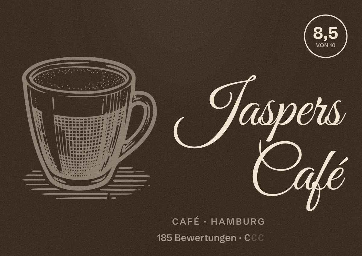 Illustriertes Poster von Jaspers Café, Café in Hamburg: Bewertung 8,5 von 10 aus 185 Bewertungen, Preisniveau €