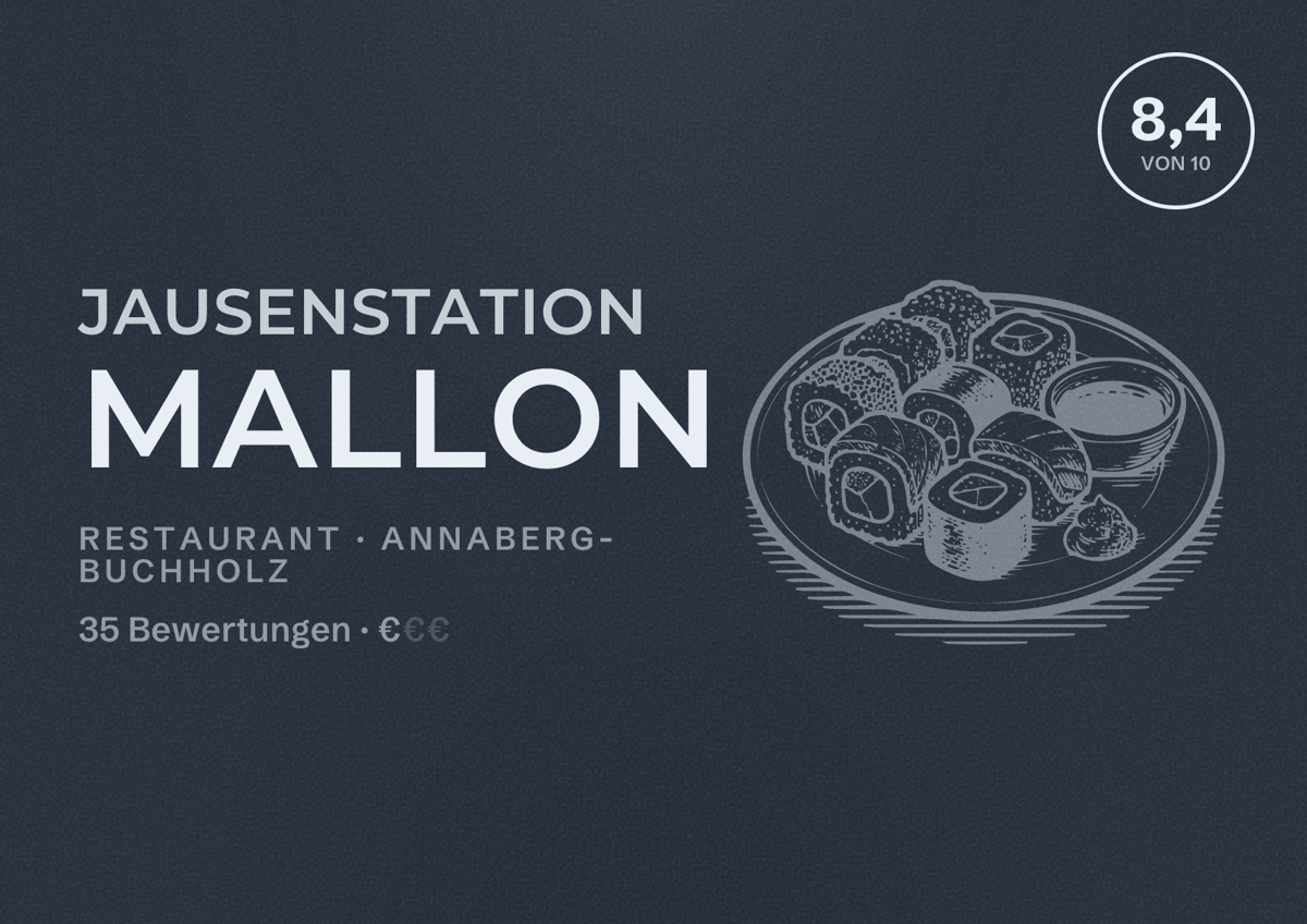 Illustriertes Poster von Jausenstation Mallon, Restaurant in Annaberg-Buchholz: Bewertung 8,4 von 10 aus 35 Bewertungen, Preisniveau €