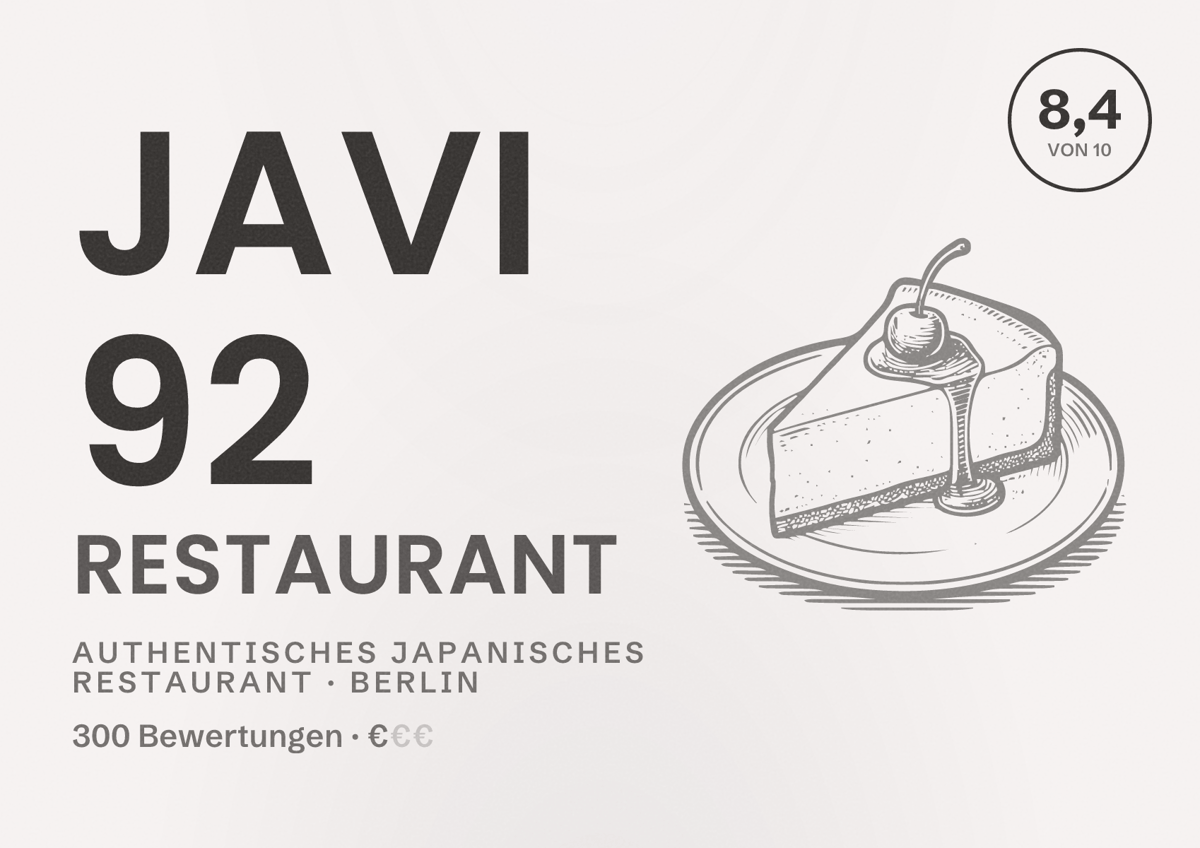 Illustriertes Poster von JaVi 92 Restaurant, Authentisches japanisches Restaurant in Berlin: Bewertung 8,4 von 10 aus 300 Bewertungen, Preisniveau €