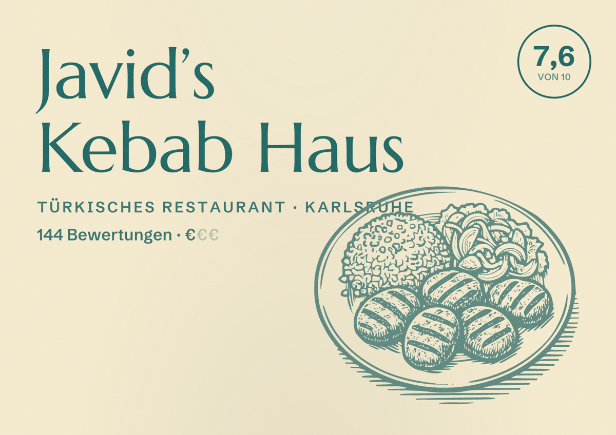 Illustriertes Poster von Javid’s Kebab Haus, Türkisches Restaurant in Karlsruhe: Bewertung 7,6 von 10 aus 144 Bewertungen, Preisniveau €