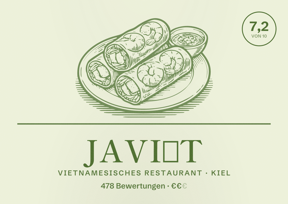 Illustriertes Poster von JaViệt, Vietnamesisches Restaurant in Kiel: Bewertung 7,2 von 10 aus 478 Bewertungen, Preisniveau €€