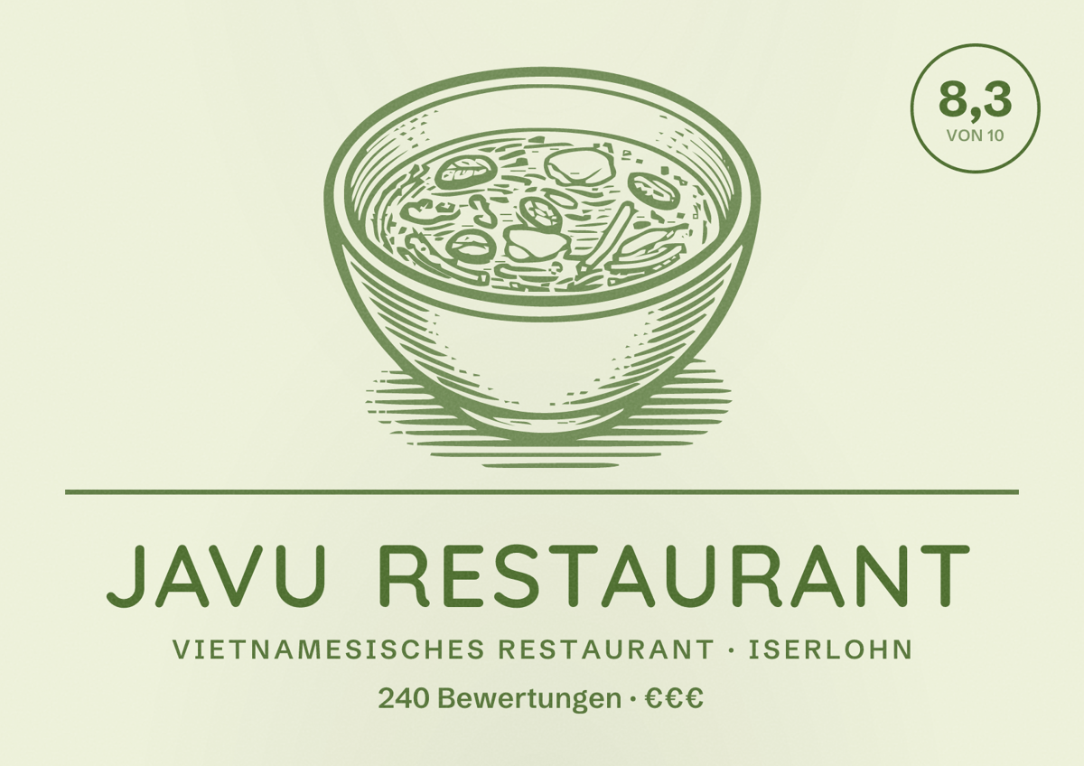 Illustriertes Poster von JAVU Restaurant, Vietnamesisches Restaurant in Iserlohn: Bewertung 8,3 von 10 aus 240 Bewertungen, Preisniveau €€€