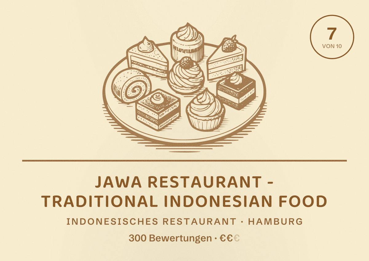 Illustriertes Poster von Jawa Restaurant - Traditional Indonesian Food, Indonesisches Restaurant in Hamburg: Bewertung 7,0 von 10 aus 300 Bewertungen, Preisniveau €€