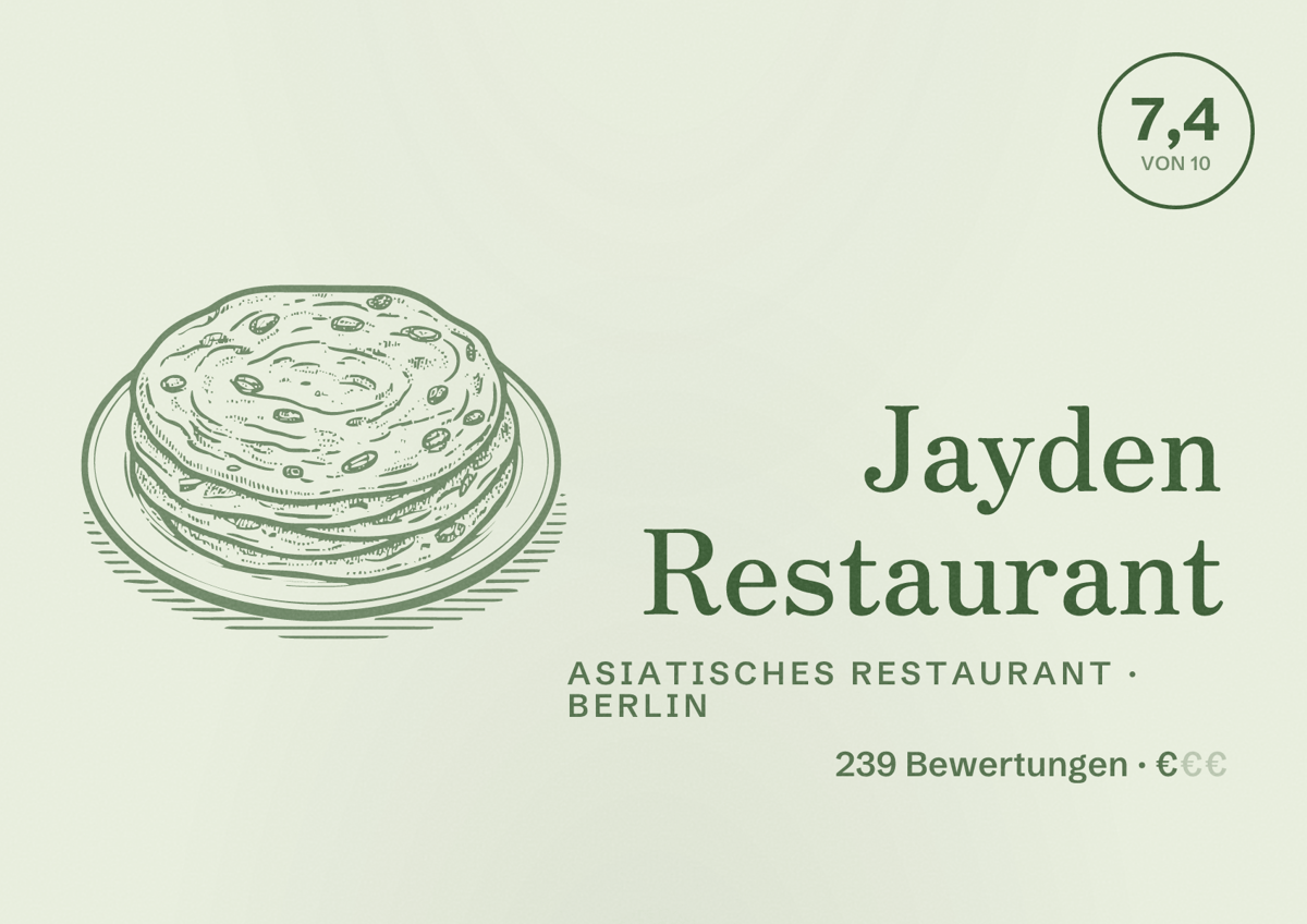 Illustriertes Poster von Jayden Restaurant, Asiatisches Restaurant in Berlin: Bewertung 7,4 von 10 aus 239 Bewertungen, Preisniveau €