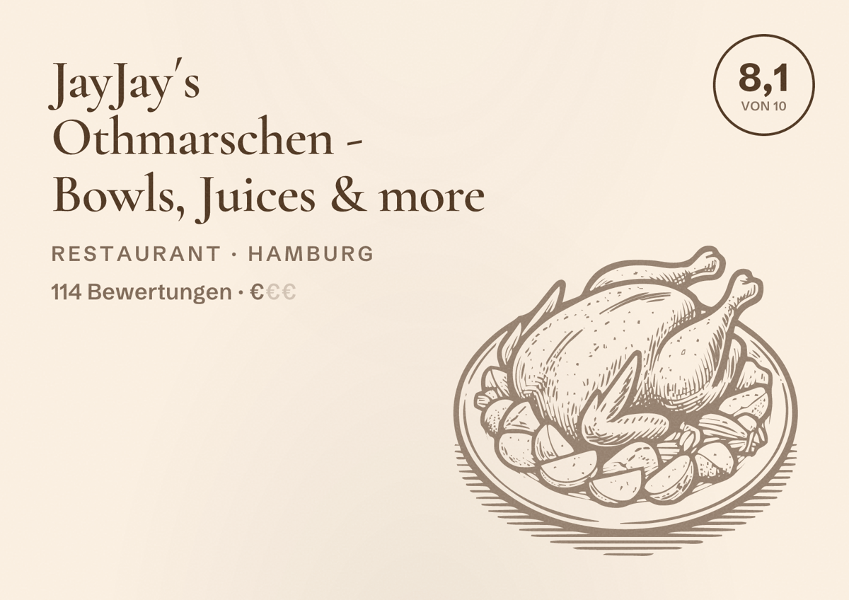Illustriertes Poster von JayJay´s Othmarschen - Bowls, Juices & more, Restaurant in Hamburg: Bewertung 8,1 von 10 aus 114 Bewertungen, Preisniveau €