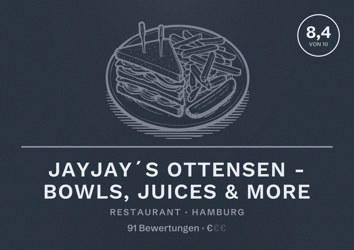 Illustriertes Poster von JayJay´s Ottensen - Bowls, Juices & more, Restaurant in Hamburg: Bewertung 8,4 von 10 aus 91 Bewertungen, Preisniveau €