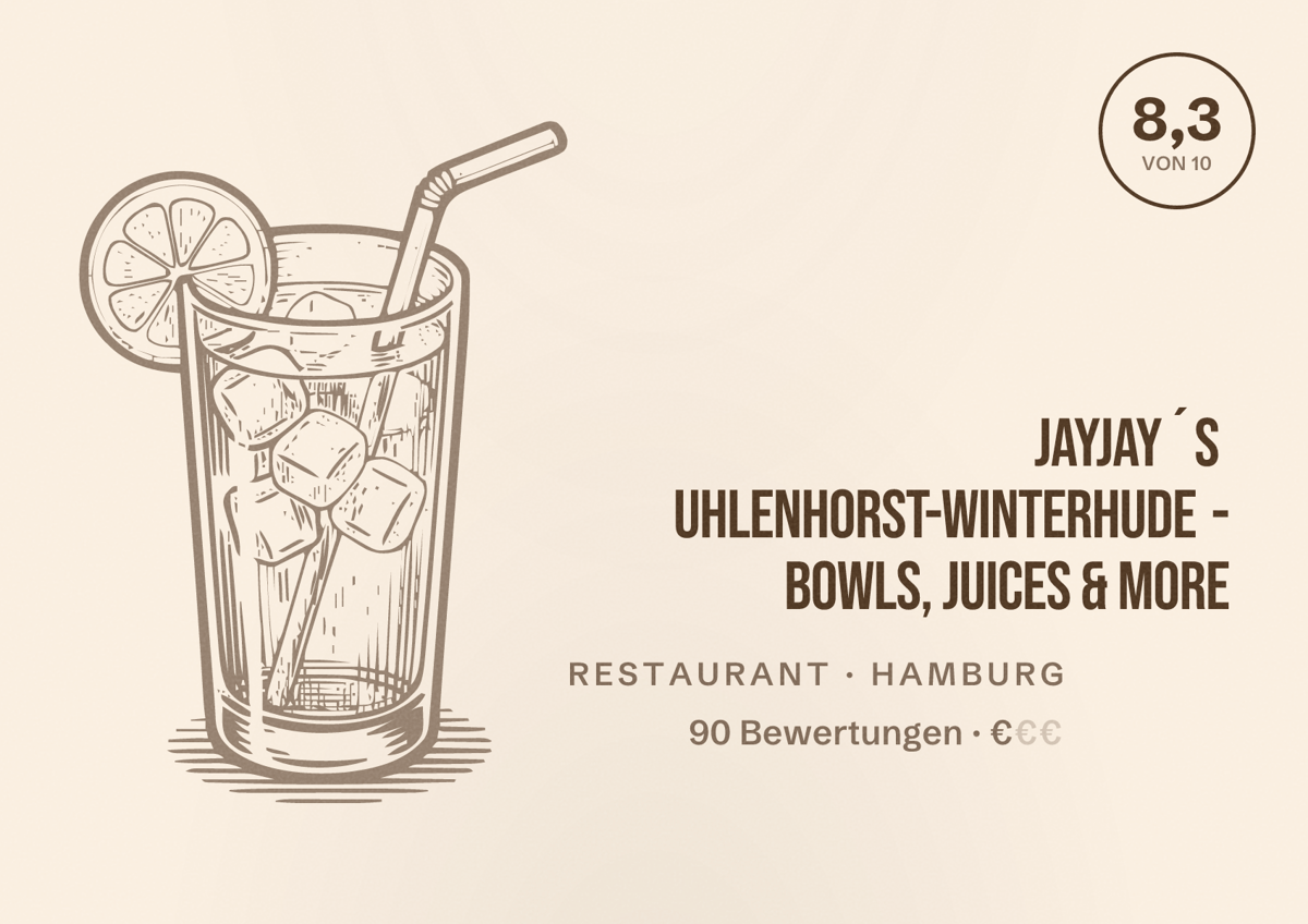 Illustriertes Poster von JayJay´s Uhlenhorst-Winterhude - Bowls, Juices & more, Restaurant in Hamburg: Bewertung 8,3 von 10 aus 90 Bewertungen, Preisniveau €
