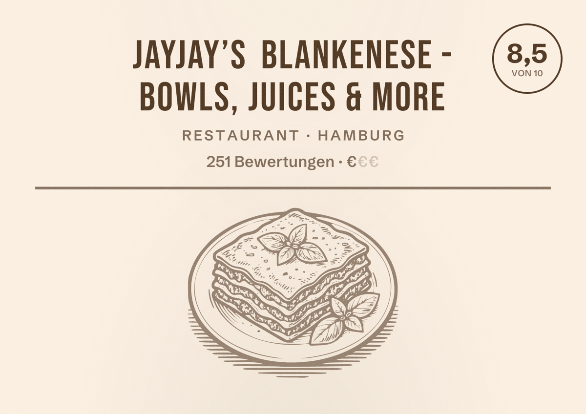 Illustriertes Poster von JayJay’s Blankenese - Bowls, Juices & more, Restaurant in Hamburg: Bewertung 8,5 von 10 aus 251 Bewertungen, Preisniveau €