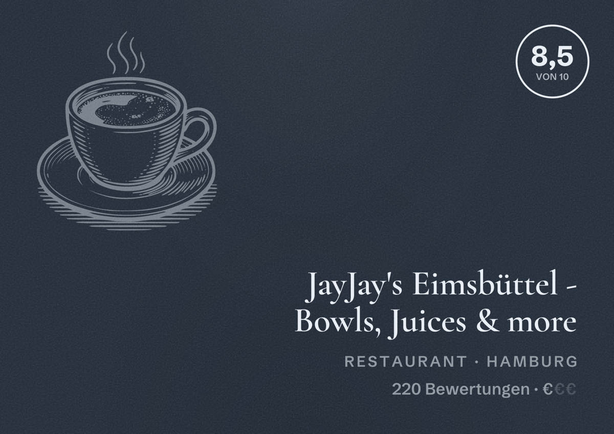 Illustriertes Poster von JayJay's Eimsbüttel - Bowls, Juices & more, Restaurant in Hamburg: Bewertung 8,5 von 10 aus 220 Bewertungen, Preisniveau €