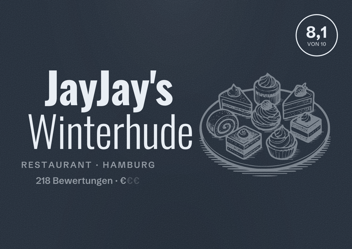 Illustriertes Poster von JayJay's Winterhude, Restaurant in Hamburg: Bewertung 8,1 von 10 aus 218 Bewertungen, Preisniveau €