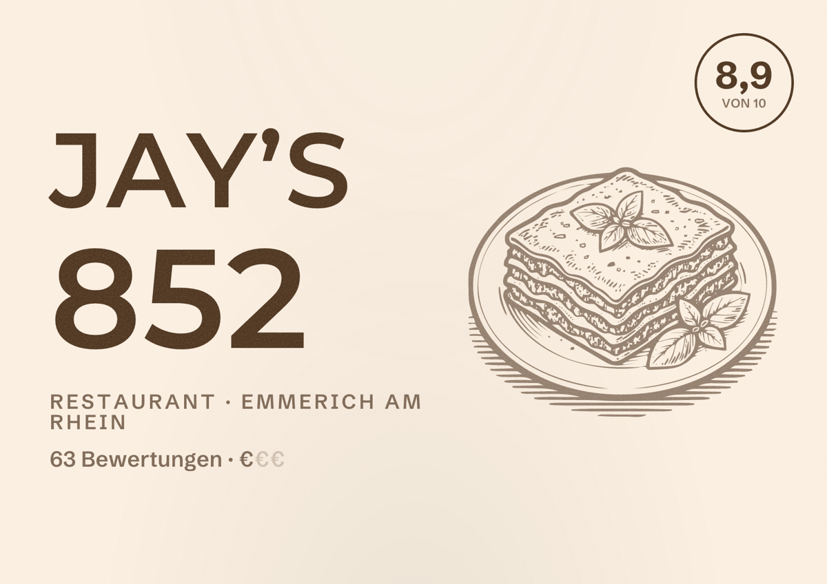 Illustriertes Poster von Jay’s 852, Restaurant in Emmerich am Rhein: Bewertung 8,9 von 10 aus 63 Bewertungen, Preisniveau €