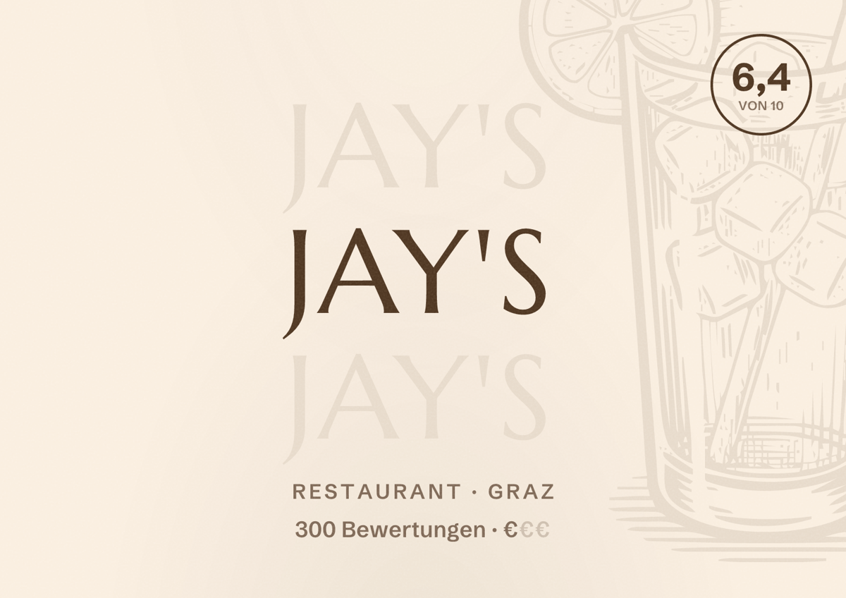 Illustriertes Poster von Jay's, Restaurant in Graz: Bewertung 6,4 von 10 aus 300 Bewertungen, Preisniveau €