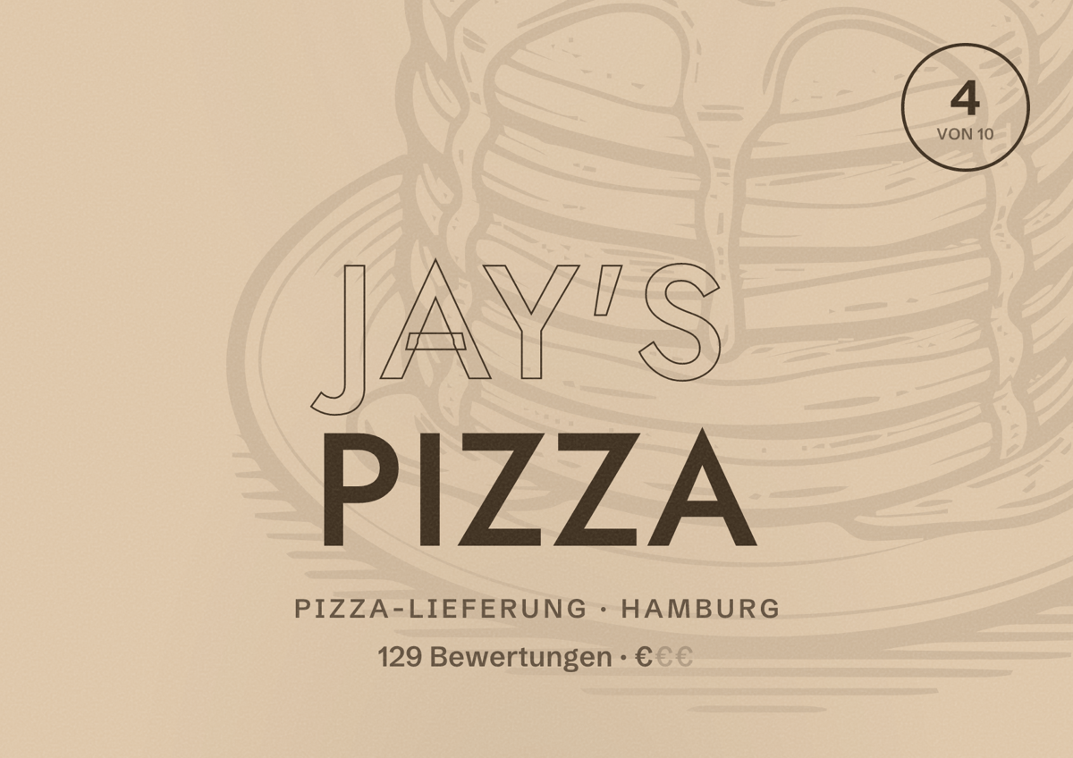 Illustriertes Poster von Jay's Pizza, Pizza-Lieferung in Hamburg: Bewertung 4,0 von 10 aus 129 Bewertungen, Preisniveau €
