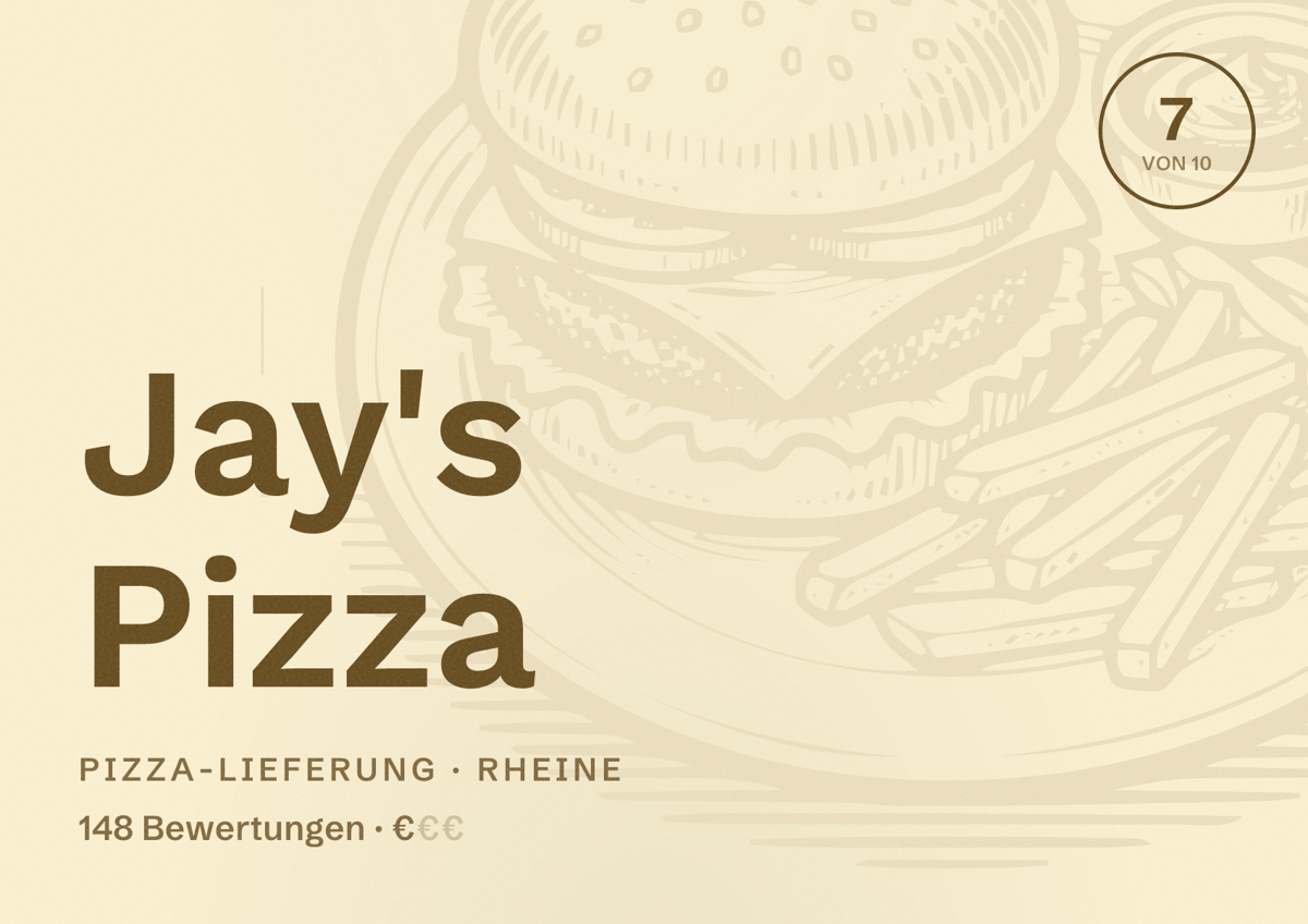 Illustriertes Poster von Jay's Pizza, Pizza-Lieferung in Rheine: Bewertung 7 von 10 aus 148 Bewertungen, Preisniveau €