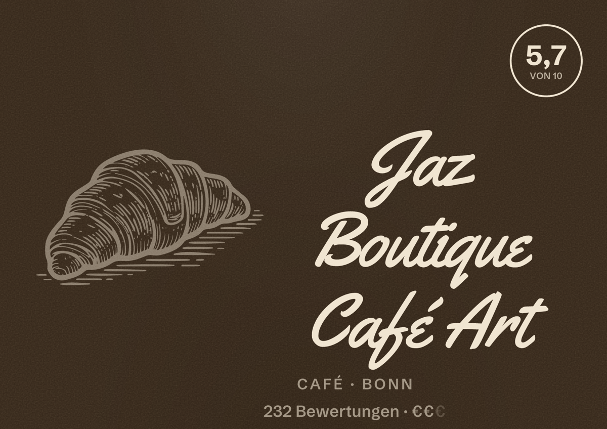 Illustriertes Poster von Jaz Boutique Café Art, Café in Bonn: Bewertung 5,7 von 10 aus 232 Bewertungen, Preisniveau €€