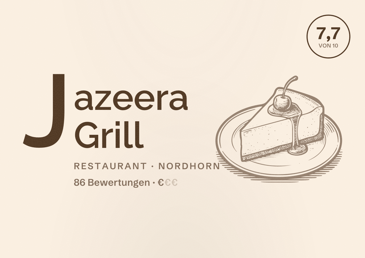 Illustriertes Poster von Jazeera Grill, Restaurant in Nordhorn: Bewertung 7,7 von 10 aus 86 Bewertungen, Preisniveau €
