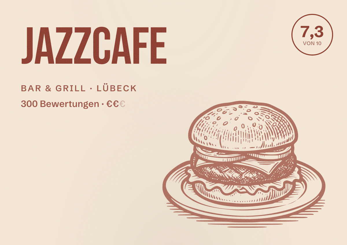 Illustriertes Poster von Jazzcafe, Bar & Grill in Lübeck: Bewertung 7,3 von 10 aus 300 Bewertungen, Preisniveau €€