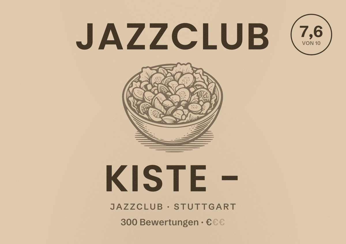 Illustriertes Poster von Jazzclub Kiste -, Jazzclub in Stuttgart: Bewertung 7,6 von 10 aus 300 Bewertungen, Preisniveau €