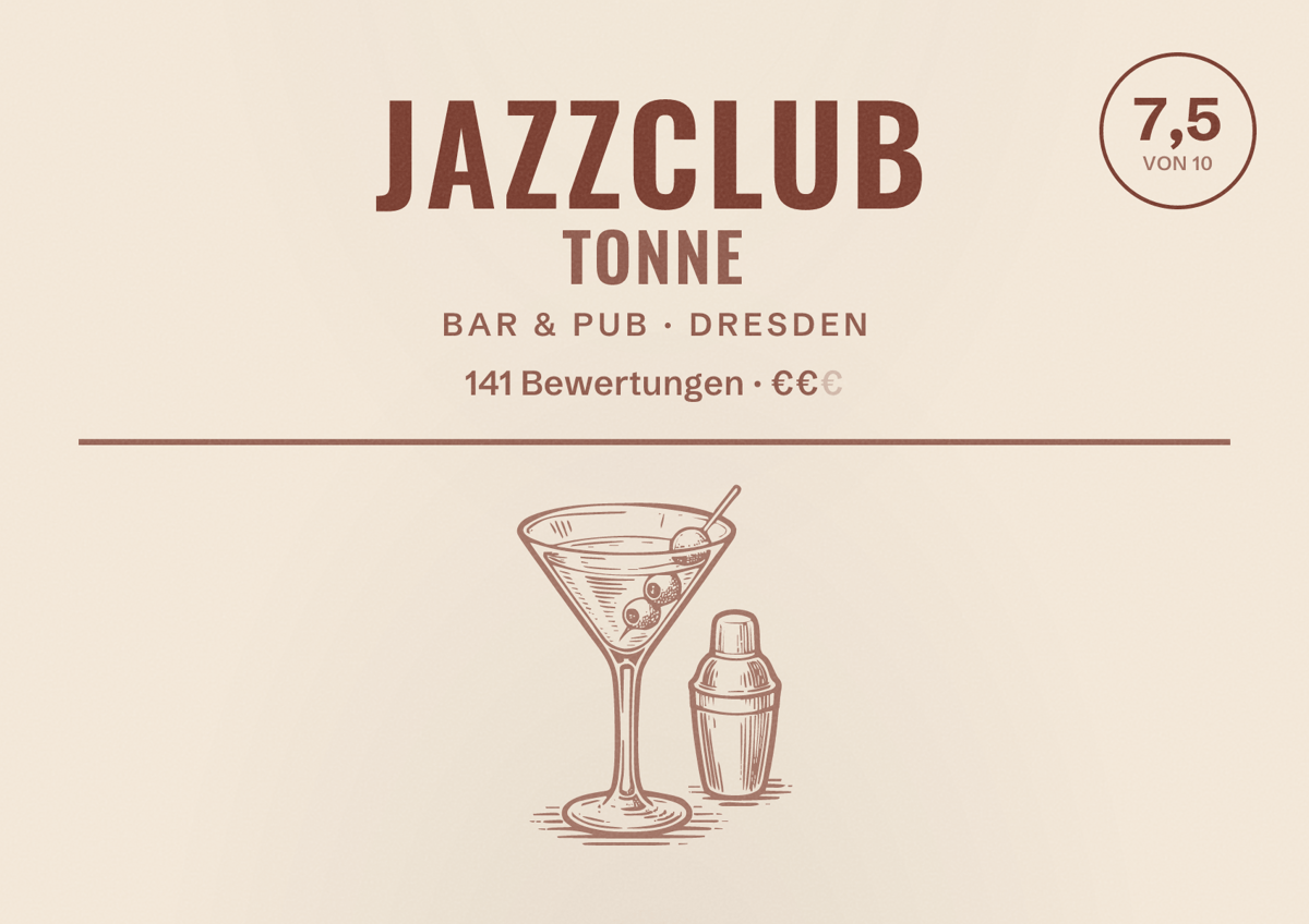 Illustriertes Poster von Jazzclub Tonne, Bar & Pub in Dresden: Bewertung 7,5 von 10 aus 141 Bewertungen, Preisniveau €€
