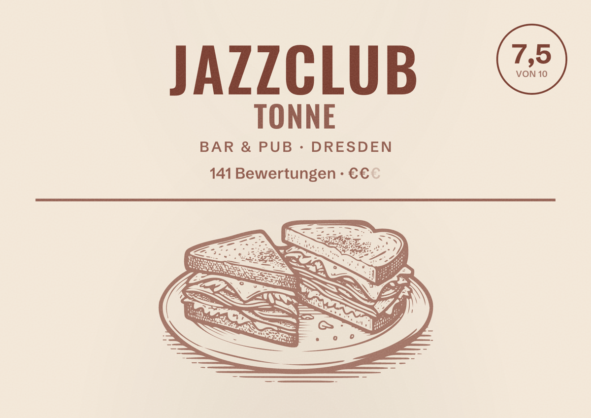 Illustriertes Poster von Jazzclub Tonne, Bar & Pub in Dresden: Bewertung 7,5 von 10 aus 141 Bewertungen, Preisniveau €€