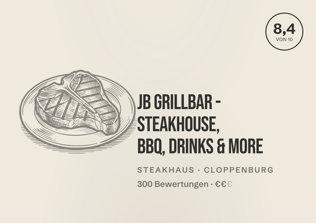 Illustriertes Poster von JB GrillBar - Steakhouse, BBQ, Drinks & More, Steakhaus in Cloppenburg: Bewertung 8,4 von 10 aus 300 Bewertungen, Preisniveau €€