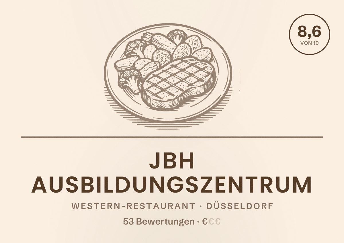 Illustriertes Poster von JBH Ausbildungszentrum, Western-Restaurant in Düsseldorf: Bewertung 8,6 von 10 aus 53 Bewertungen, Preisniveau €