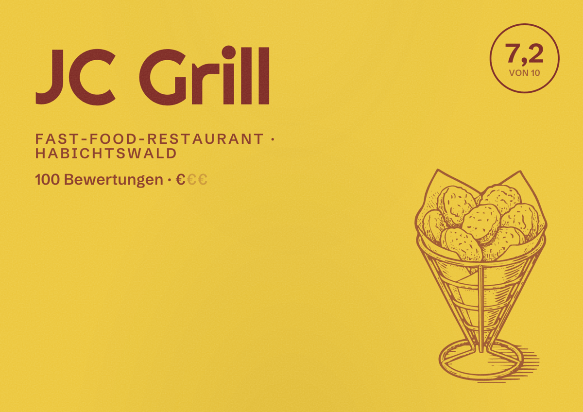 Illustriertes Poster von JC Grill, Fast-Food-Restaurant in Habichtswald: Bewertung 7,2 von 10 aus 100 Bewertungen, Preisniveau €