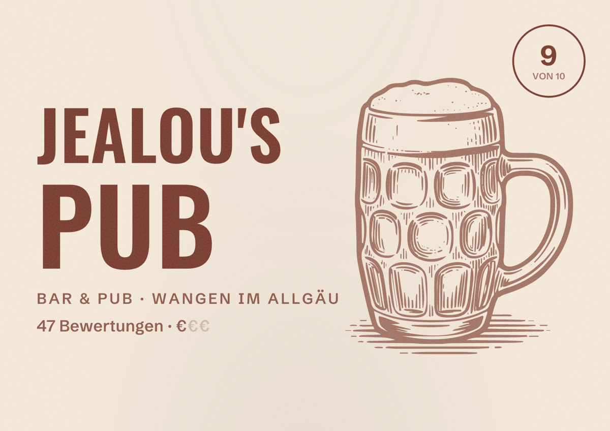 Illustriertes Poster von JeaLou's Pub, Bar & Pub in Wangen im Allgäu: Bewertung 9 von 10 aus 47 Bewertungen, Preisniveau €