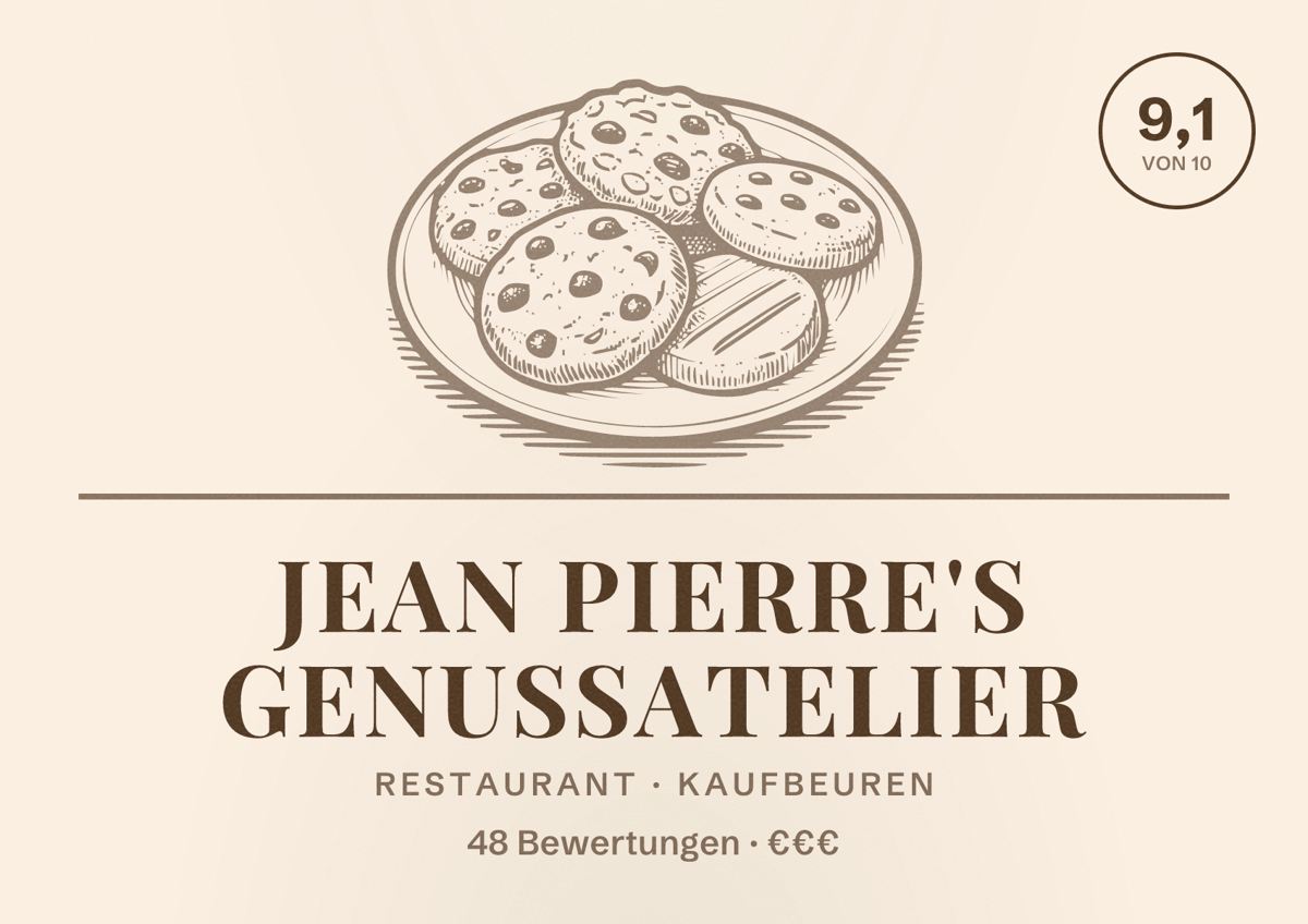 Illustriertes Poster von Jean Pierre's Genussatelier, Restaurant in Kaufbeuren: Bewertung 9,1 von 10 aus 48 Bewertungen, Preisniveau €€€