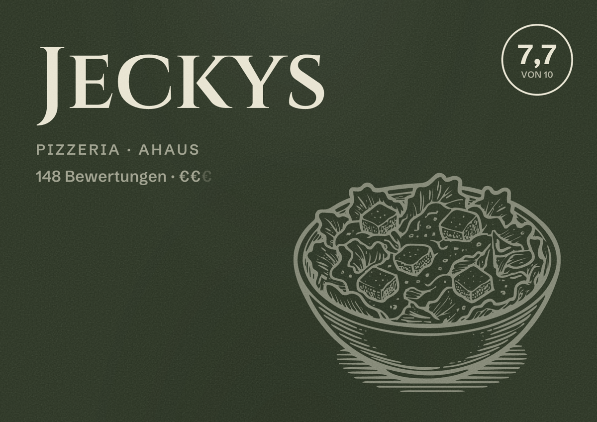 Illustriertes Poster von Jeckys, Pizzeria in Ahaus: Bewertung 7,7 von 10 aus 148 Bewertungen, Preisniveau €€