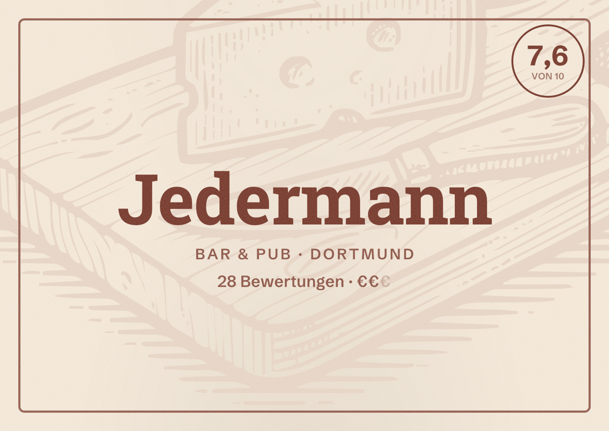 Illustriertes Poster von Jedermann, Bar & Pub in Dortmund: Bewertung 7,6 von 10 aus 28 Bewertungen, Preisniveau €€
