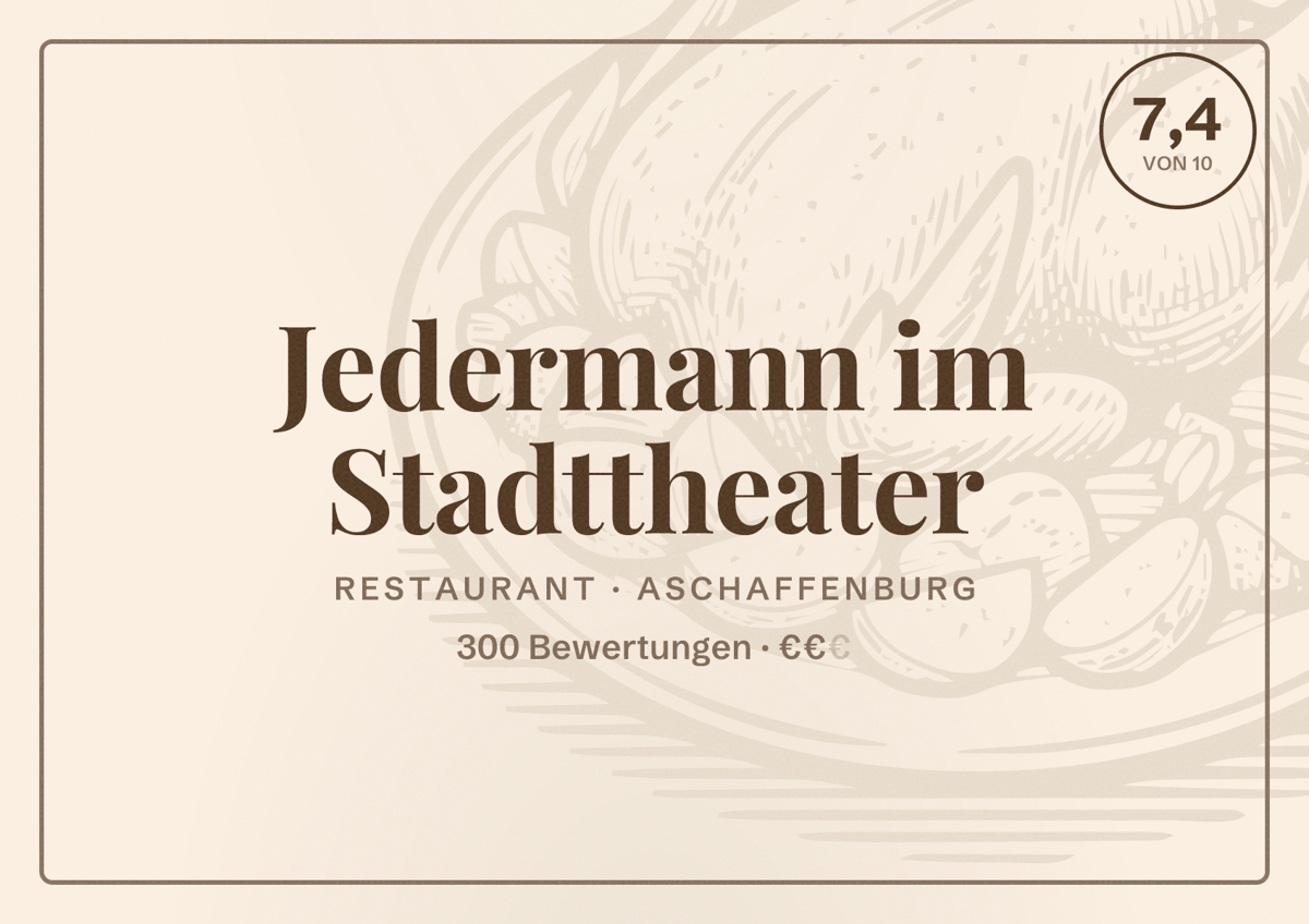 Illustriertes Poster von Jedermann im Stadttheater, Restaurant in Aschaffenburg: Bewertung 7,4 von 10 aus 300 Bewertungen, Preisniveau €€