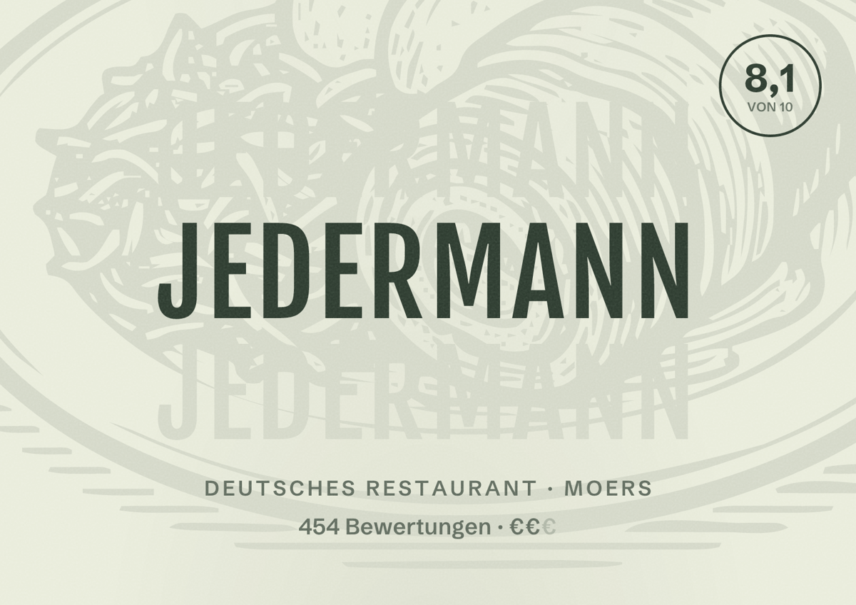 Illustriertes Poster von Jedermann, Deutsches Restaurant in Moers: Bewertung 8,1 von 10 aus 454 Bewertungen, Preisniveau €€