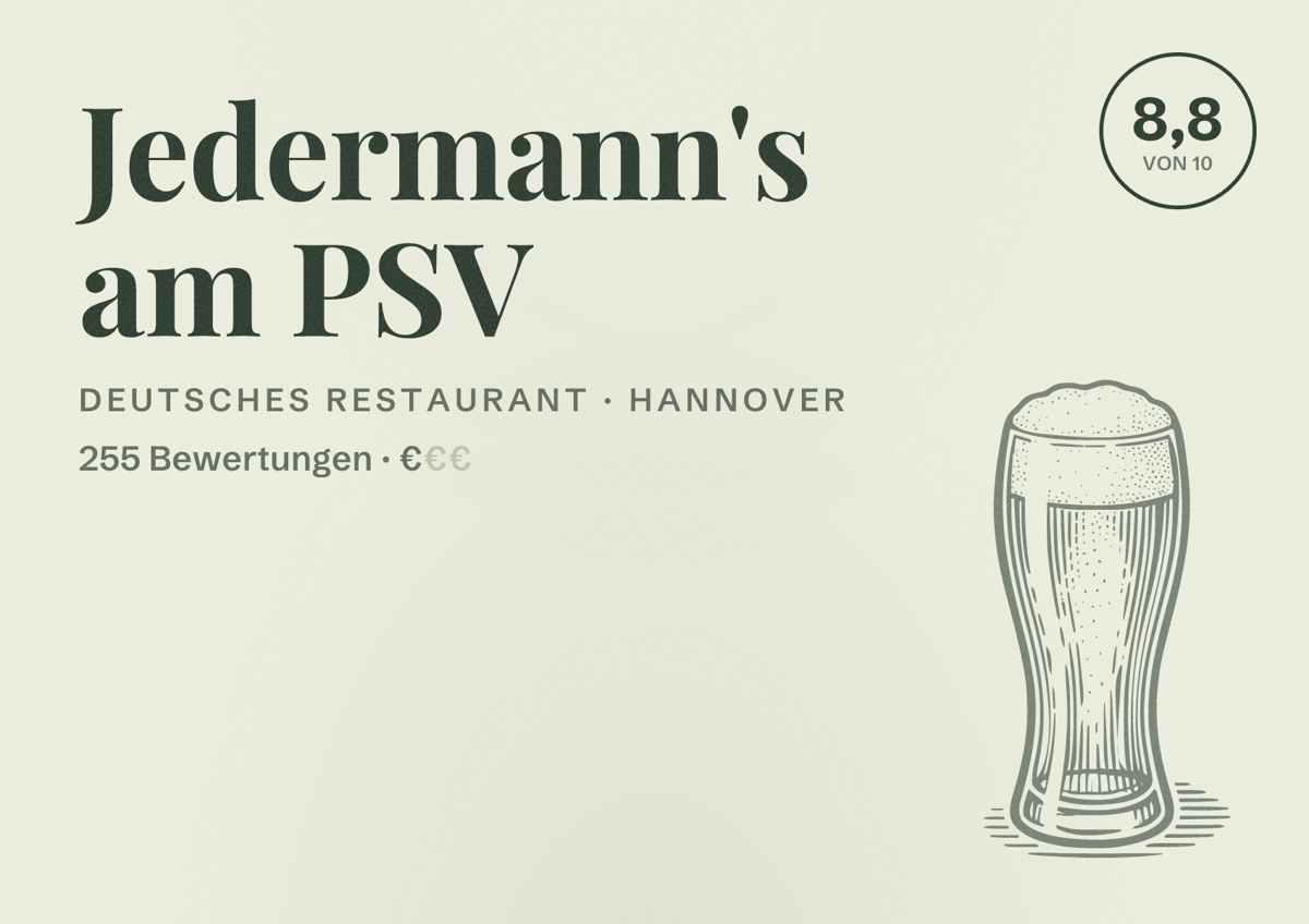 Illustriertes Poster von Jedermann's am PSV, Deutsches Restaurant in Hannover: Bewertung 8,8 von 10 aus 255 Bewertungen, Preisniveau €