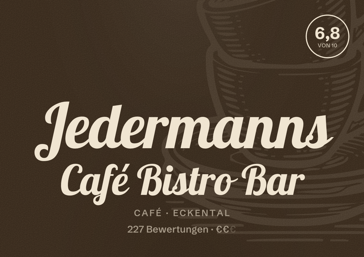 Illustriertes Poster von Jedermanns Café Bistro Bar, Café in Eckental: Bewertung 6,8 von 10 aus 227 Bewertungen, Preisniveau €€