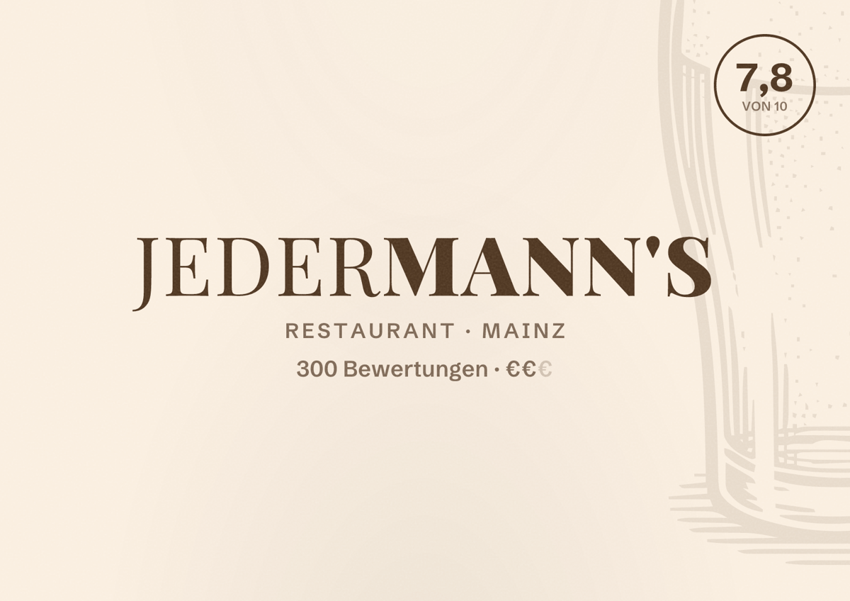 Illustriertes Poster von Jedermann's, Restaurant in Mainz: Bewertung 7,8 von 10 aus 300 Bewertungen, Preisniveau €€