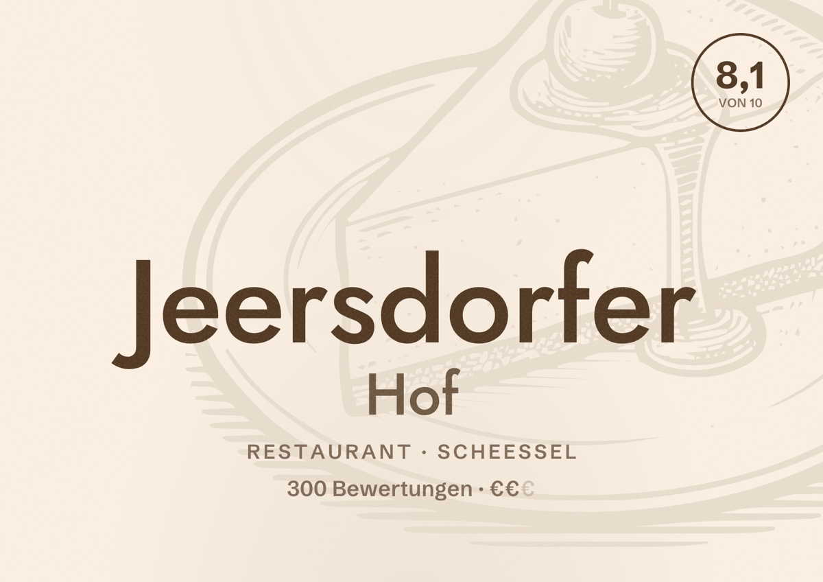 Illustriertes Poster von Jeersdorfer Hof, Restaurant in Scheeßel: Bewertung 8,1 von 10 aus 300 Bewertungen, Preisniveau €€