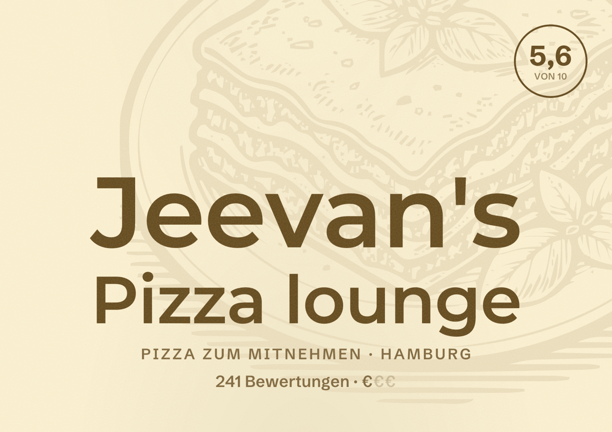 Illustriertes Poster von Jeevan's Pizza lounge, Pizza zum Mitnehmen in Hamburg: Bewertung 5,6 von 10 aus 241 Bewertungen, Preisniveau €