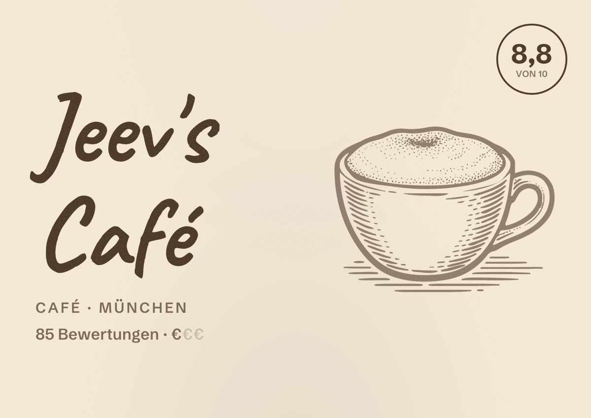 Illustriertes Poster von Jeev's Café, Café in München: Bewertung 8,8 von 10 aus 85 Bewertungen, Preisniveau €