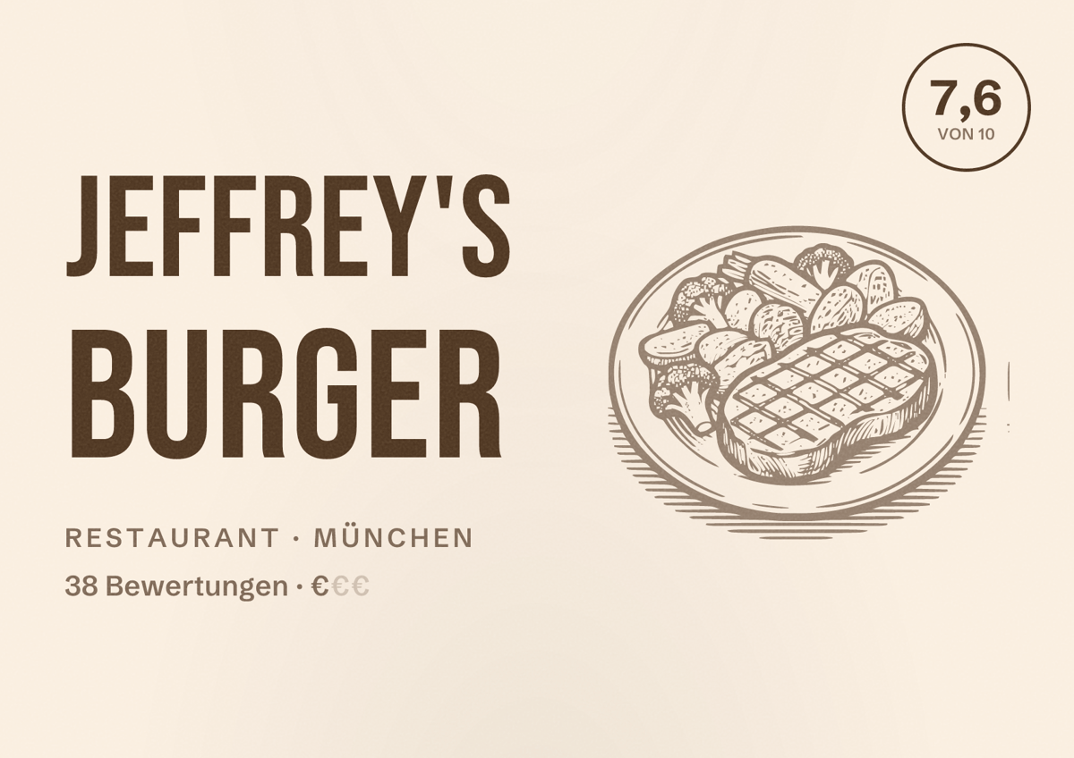 Illustriertes Poster von Jeffrey's Burger, Restaurant in München: Bewertung 7,6 von 10 aus 38 Bewertungen, Preisniveau €
