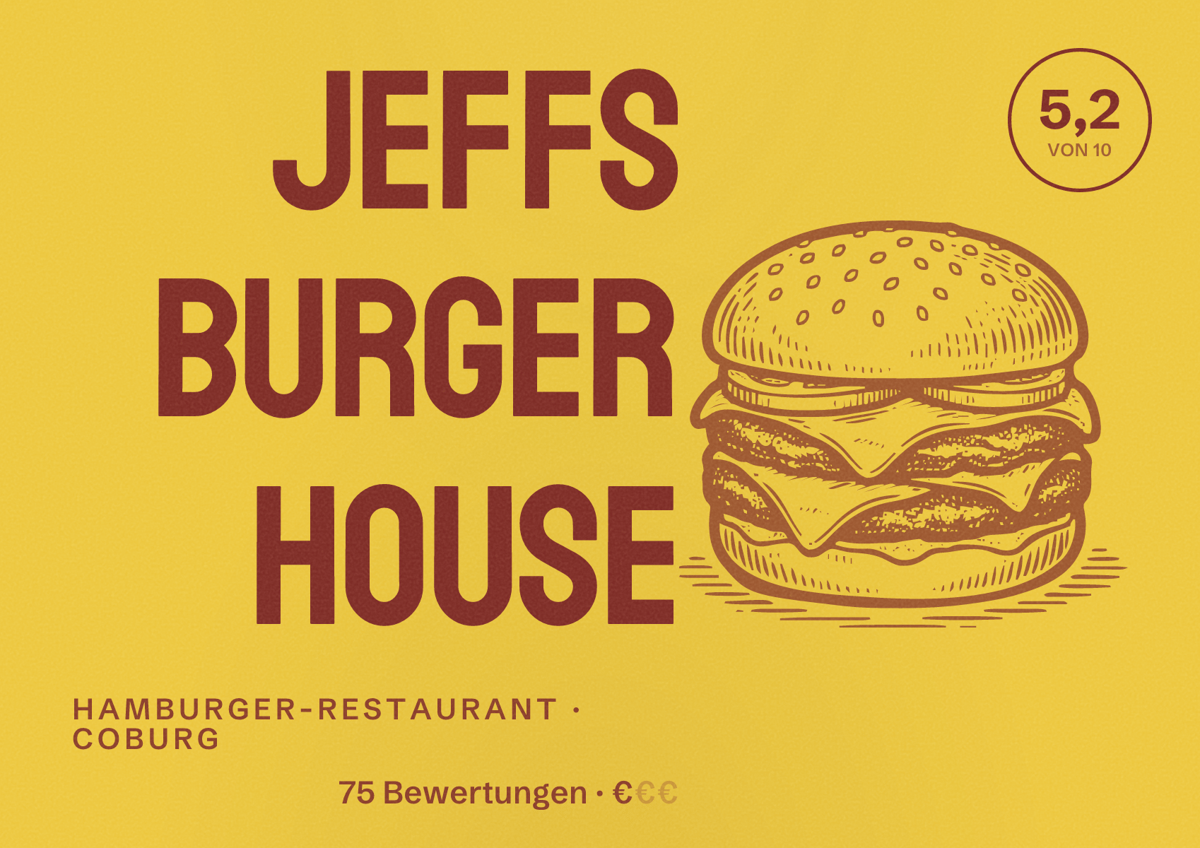 Illustriertes Poster von Jeffs Burger House, Hamburger-Restaurant in Coburg: Bewertung 5,2 von 10 aus 75 Bewertungen, Preisniveau €
