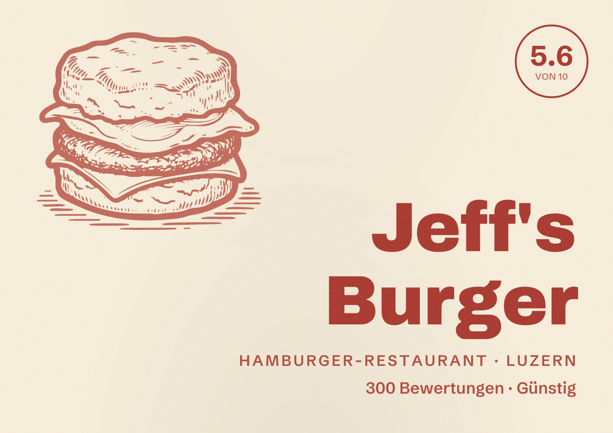 Illustriertes Poster von Jeff's Burger, Hamburger-Restaurant in Luzern: Bewertung 5.6 von 10 aus 300 Bewertungen, Preisniveau Günstig