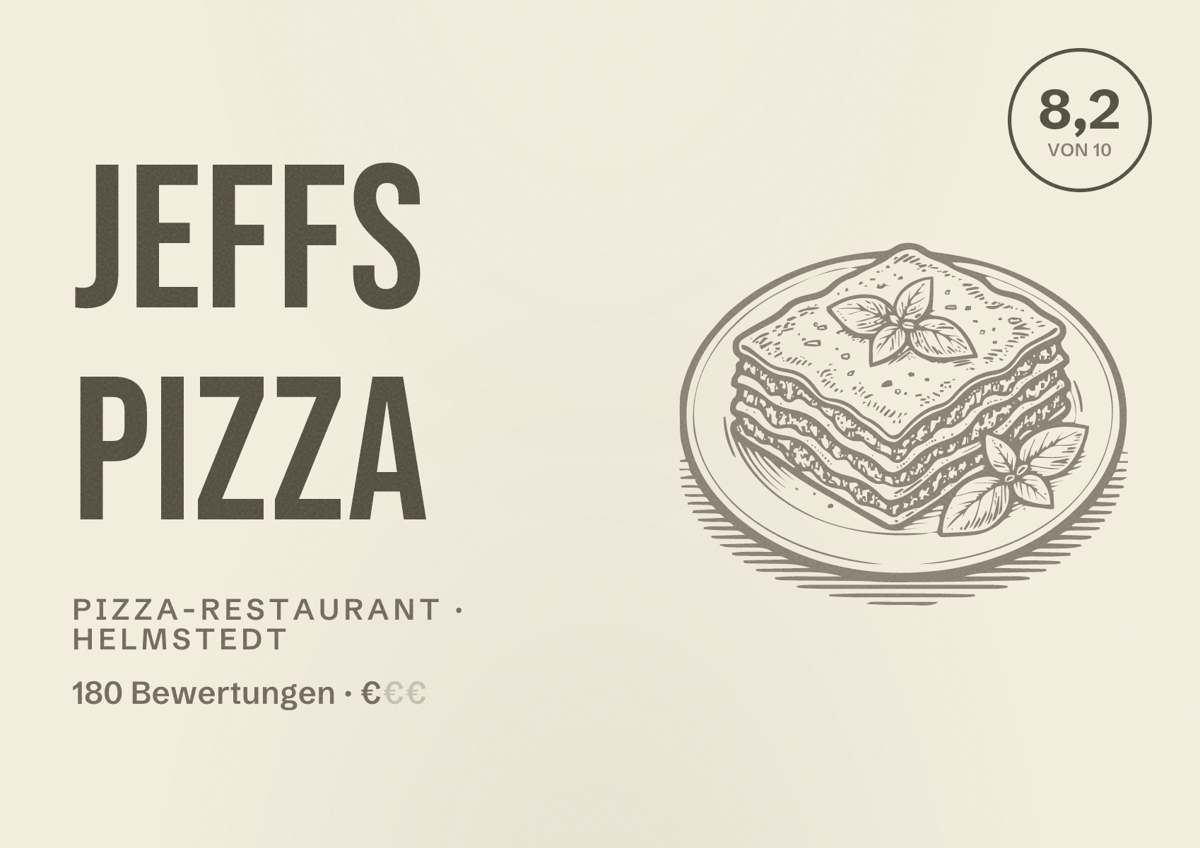 Illustriertes Poster von Jeffs Pizza, Pizza-Restaurant in Helmstedt: Bewertung 8,2 von 10 aus 180 Bewertungen, Preisniveau €